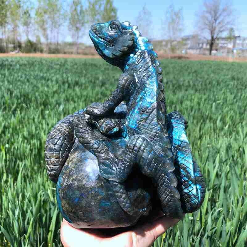 9.12LB Natural Labradorite Lizard hand Carved Skull Quartz Crystal Reiki Gift