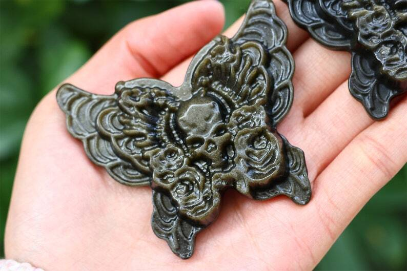 2.6" Natural Carved Gold Obsidian Butterfly Reiki Crystal Skull Decor gift 1PC