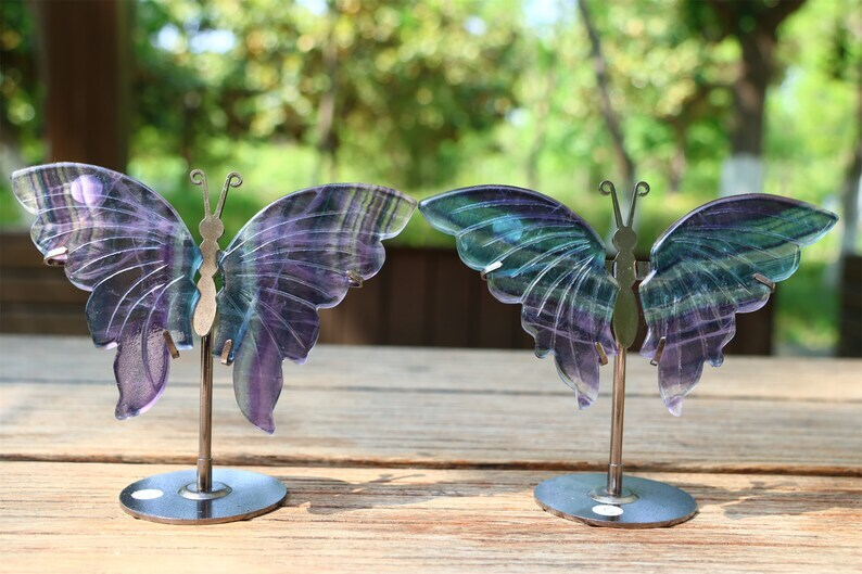 5.2&apos;&apos; A pair Natural Fluorite Butterfly Wing Reiki Crystal Skull Decor + Stand
