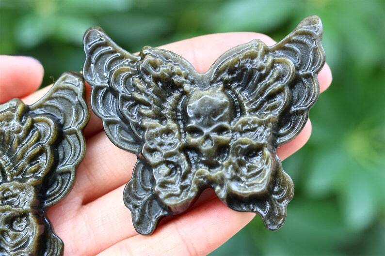2.6" Natural Carved Gold Obsidian Butterfly Reiki Crystal Skull Decor gift 1PC