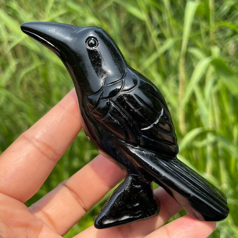 Natural Obsidian Crow Hand Carved Bird Crystal Animal Decoration Reiki Heal Gift