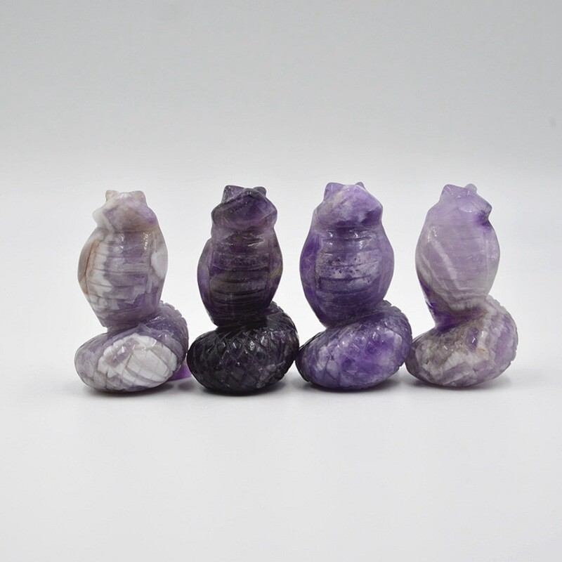 Natural Quartz Crystal Skull Carved Snake Healing Stone Viper Cobra Animal Decor