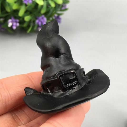 1pc Natural Obsidian Wizard hat Crystal Hand Carved Animal Decoration Reiki Heal