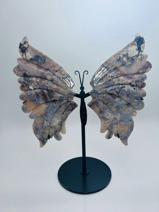 Flower Agate - Butterfly Wings - Decoration Object - Unique - Top Quality Natural Stone - on Stand - Healing Stone - Interior Object - Handwork - Height: 300 mm - Width: 260 mm- 1130 g - (1)