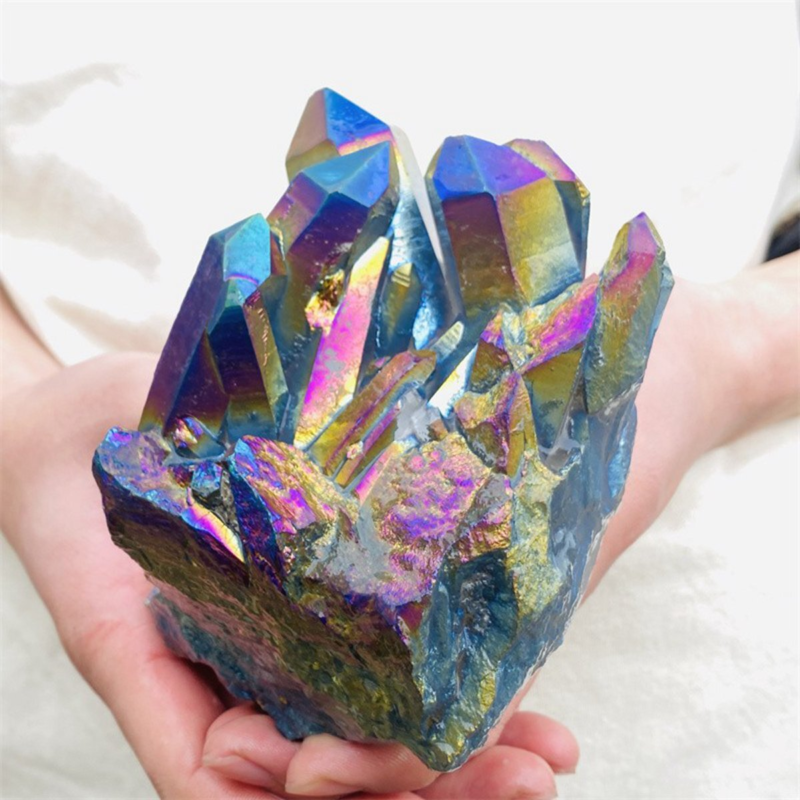 970gColor Flame Aura Electroplate Quartz Crystal Cluster Specimen Healing Stone