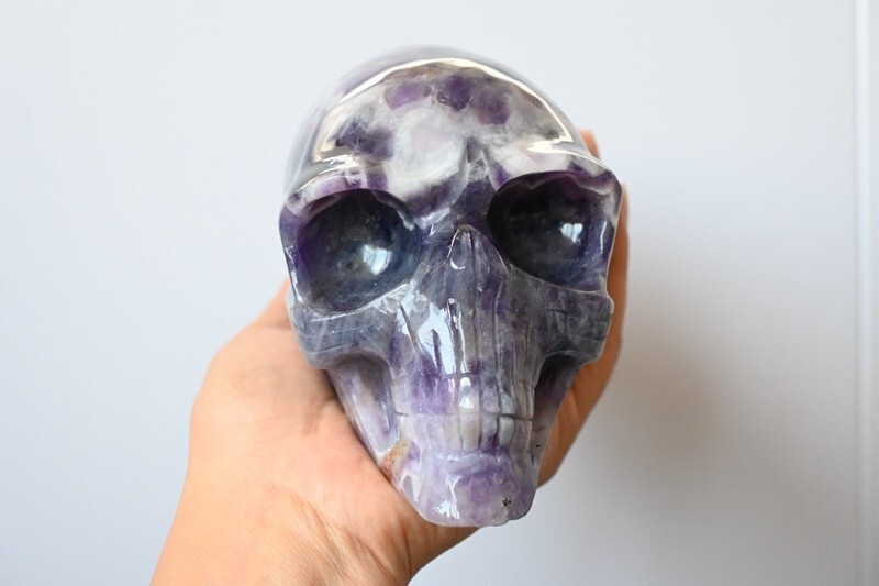 4.2LB Top Natural Dreamy Amethyst Quartz hand Carved Crystal Alien Skull reiki