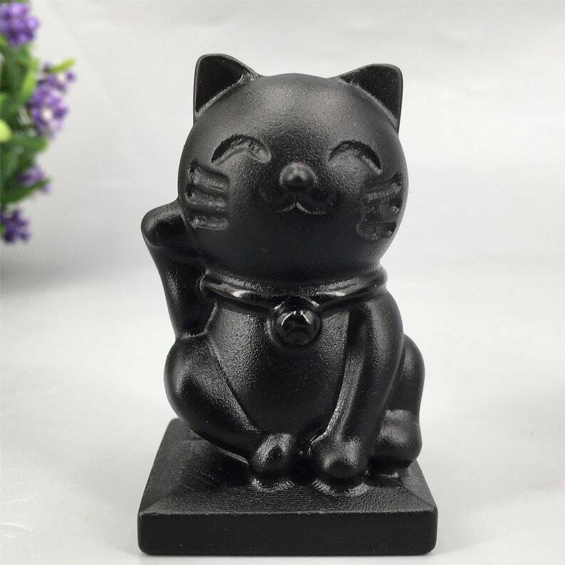 1pc Natural Obsidian Quartz Crystal Cat Hand Carved Animal Decoration Reiki Heal