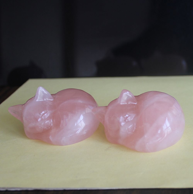 Carved gemstone rose quartz crystal sleeping cat figurine animal home decor 2&apos;&apos;