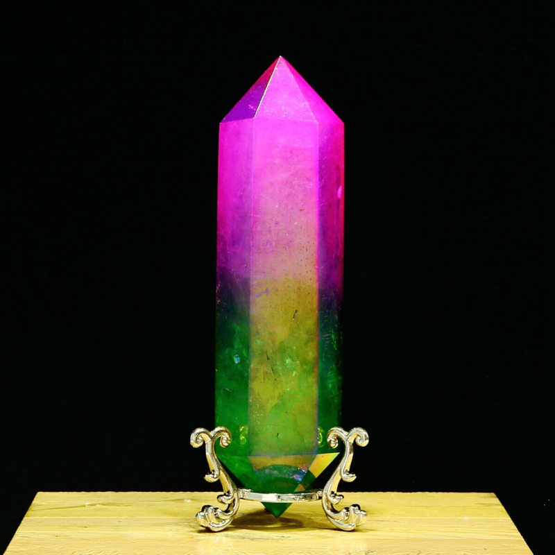 278g Natural Crystal Electroplated Rainbow Quartz Tower Double Wand Point Reiki