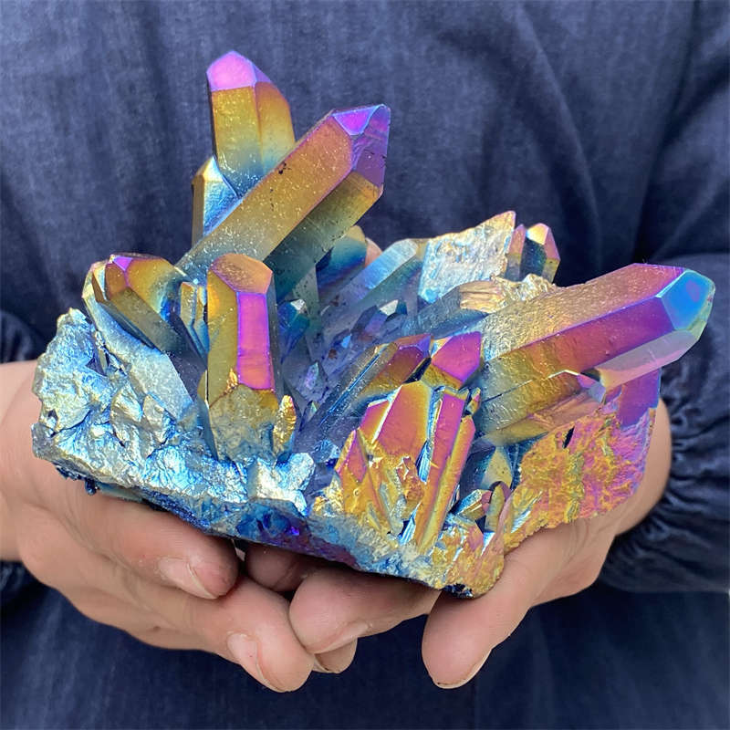 520g Electroplate Rainbow cluster quartz crystal mineral specimen reiki healing