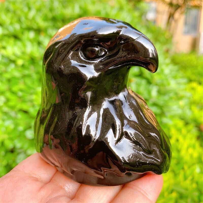 8cm Natural Crystal Quartz Black Obsidian Eagle Head Animal Carving Healing 1pc