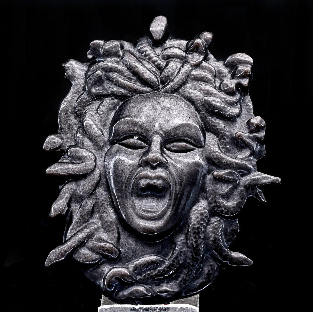 First quality silver Obsidian Medusa head - Height: 13.2 cm - Width: 10.6 cm- 220 g