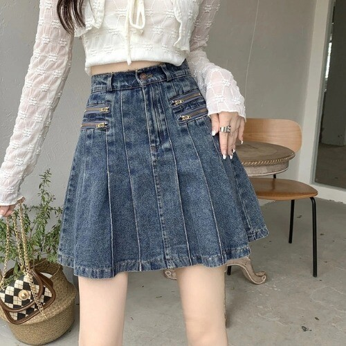 Kawaii Girl Hot sweet DenimSkirt Pleated Casual High Waist  A Word Short Skirt