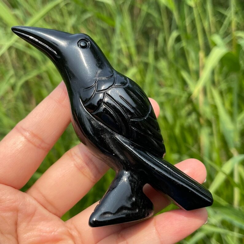 Natural Obsidian Crow Hand Carved Bird Crystal Animal Decoration Reiki Heal Gift