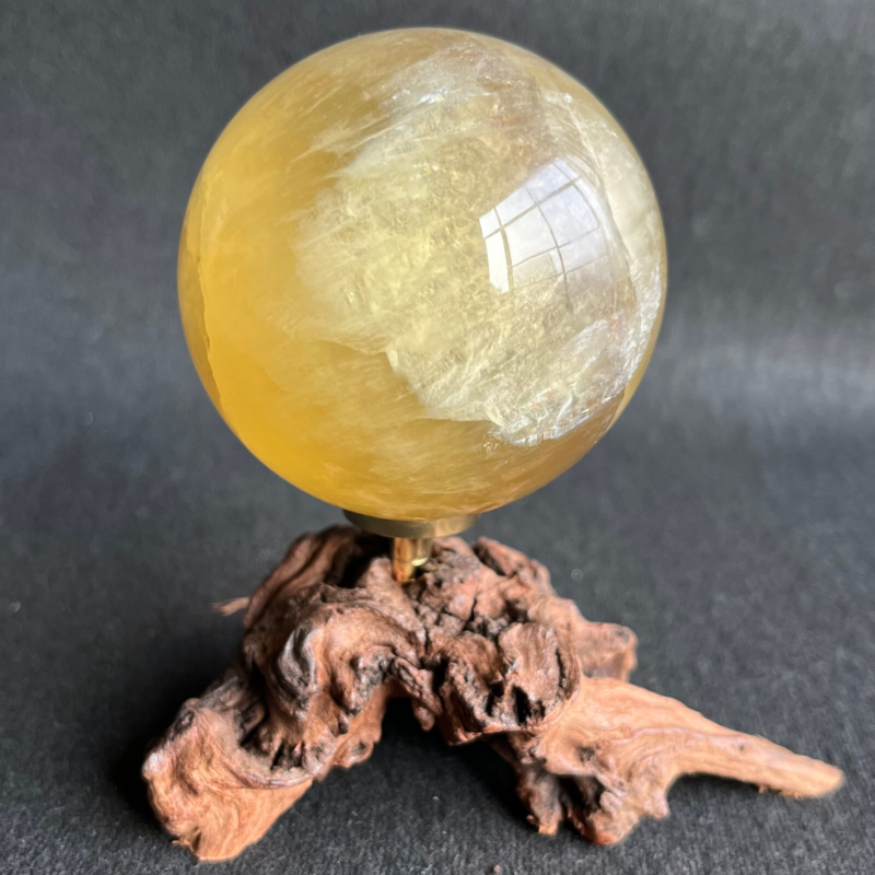 299G  Natural yellow fluorite quartz crystal ball sphere healing + Stand