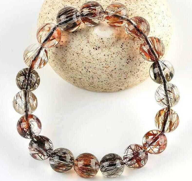 7-14mm Natural Black Gold Super Seven Rutilated Quartz Round Beads Bracelet AAAA