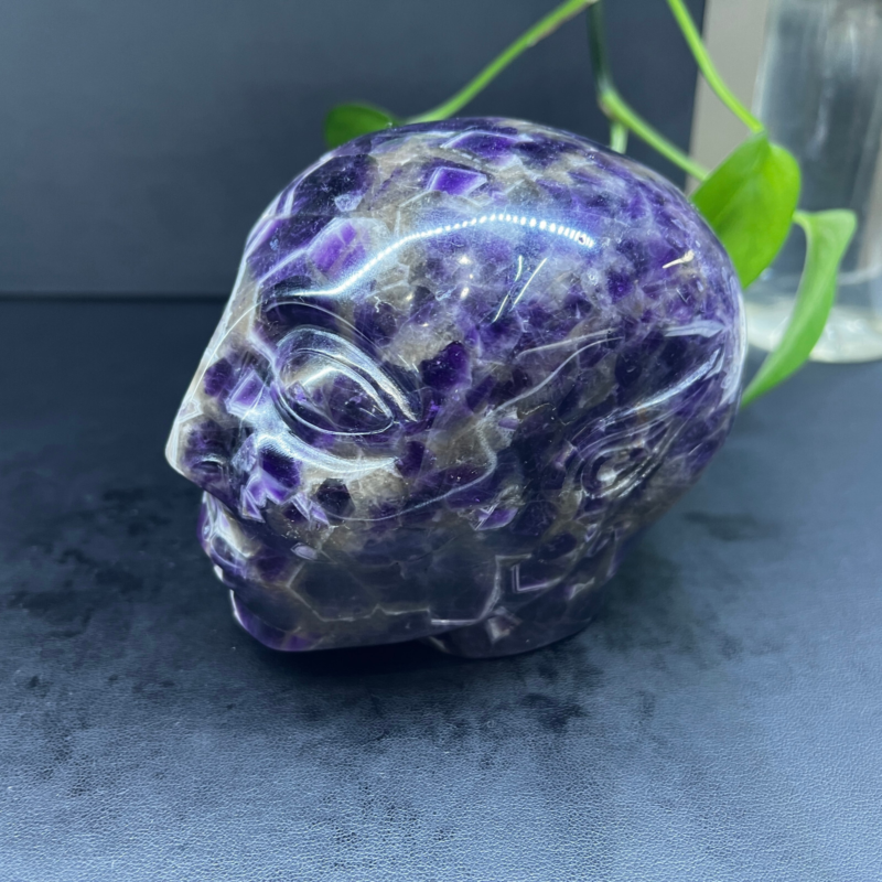 2.71LB Natural dream amethyst aliens Quartz Carved Crystal Skull Reiki Gem Decor