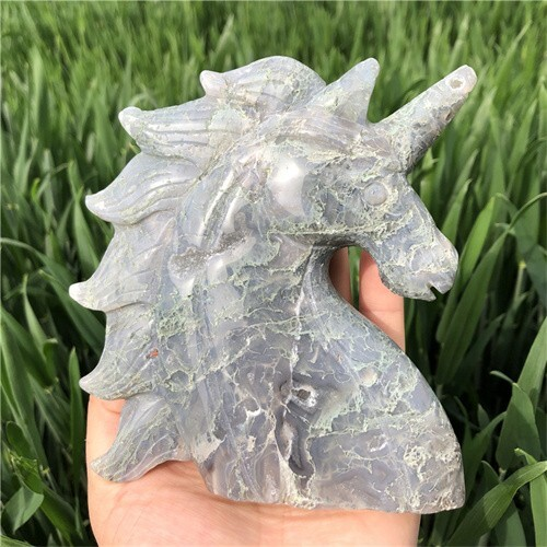 530g Natural Moss Agate Unicorn Carved Reiki Quartz Crystal Skull Figurines Crys