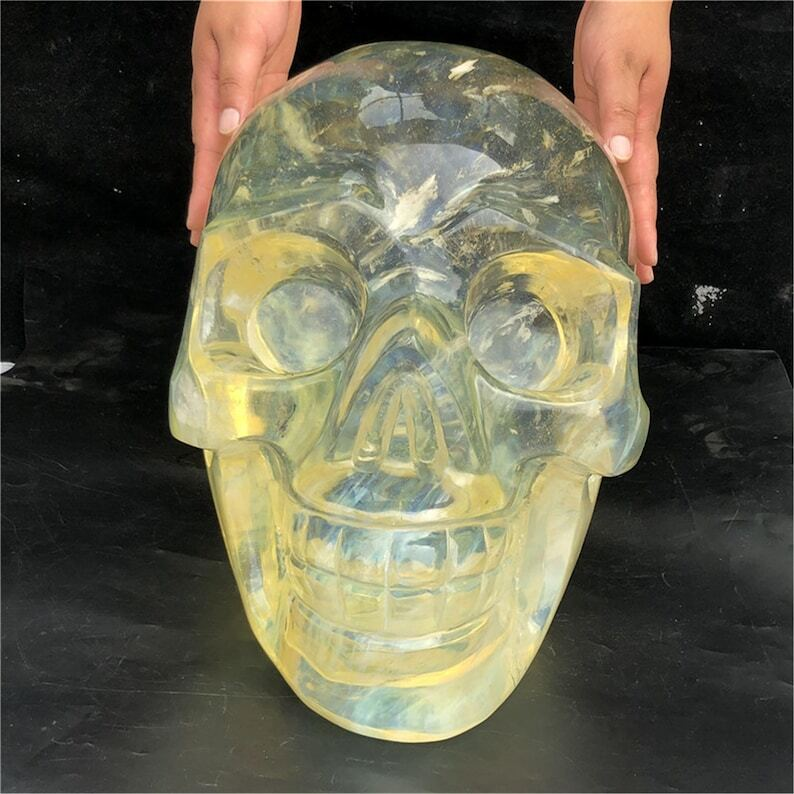 34KG+ Huge Yellow Melting Stone Skull Reiki Heal Crystal Sculpture Gifts Energy