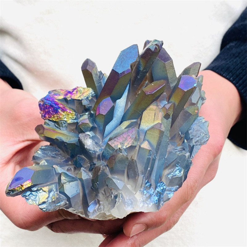 860gColor Flame Aura Electroplate Quartz Crystal Cluster Specimen Healing Stone