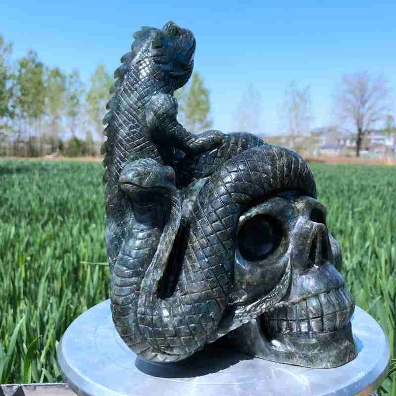 9.12LB Natural Labradorite Lizard hand Carved Skull Quartz Crystal Reiki Gift