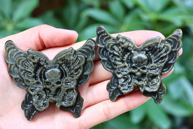 2.6" Natural Carved Gold Obsidian Butterfly Reiki Crystal Skull Decor gift 1PC