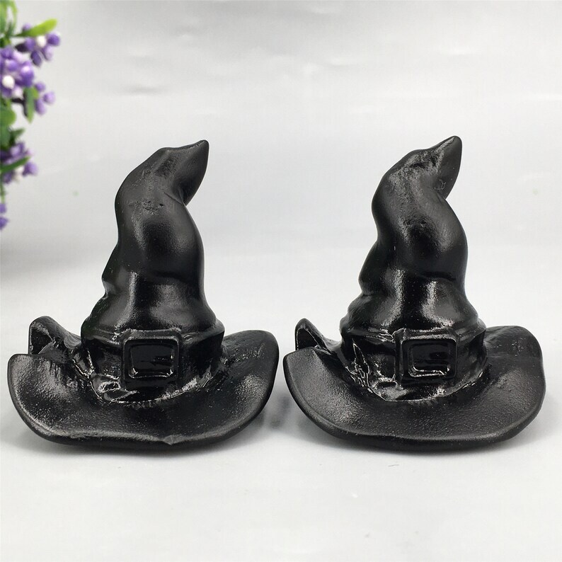 1pc Natural Obsidian Wizard hat Crystal Hand Carved Animal Decoration Reiki Heal