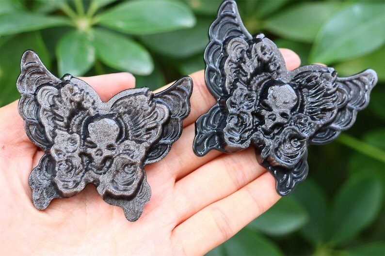 2.6" Natural Carved Silver Obsidian Butterfly Reiki Crystal Skull Decor gift 1PC