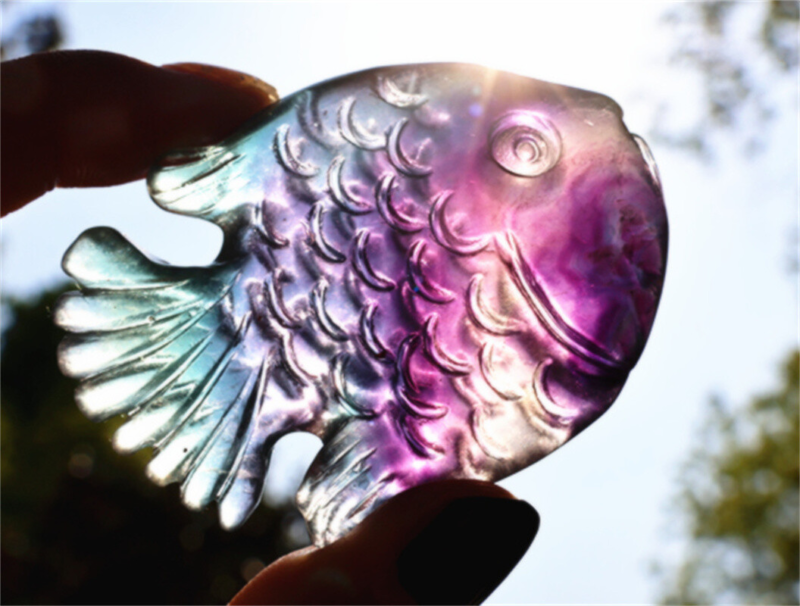 2.4+" Carved Natural Rainbow Fluorite Fish Reiki Crystal Skull Crystal Gifts 1PC