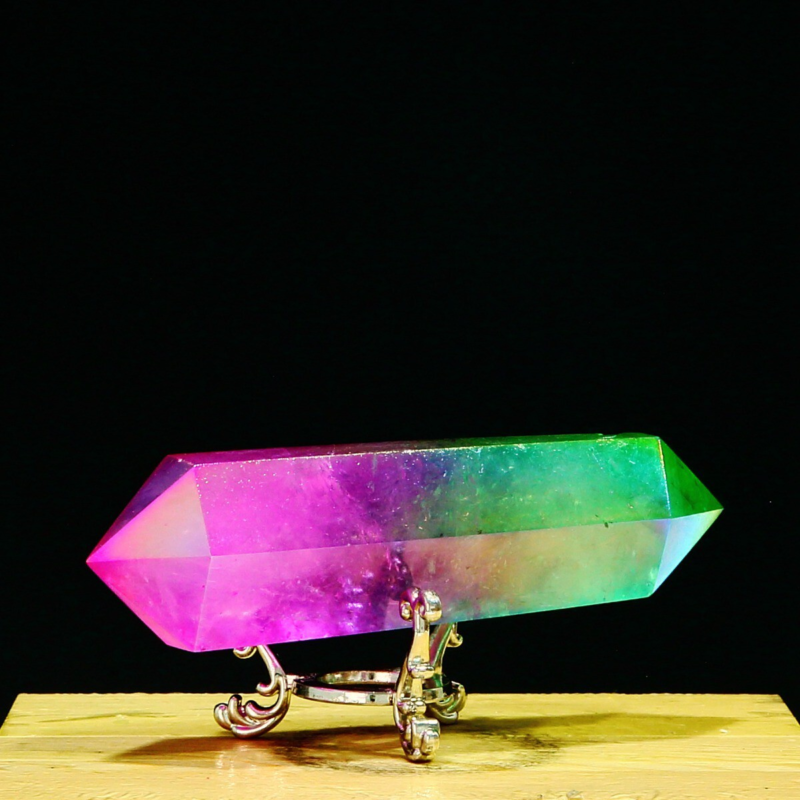 214g Natural Crystal Electroplated Rainbow Quartz Tower Double Wand Point Reiki