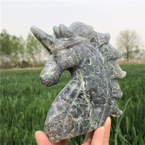 530g Natural Moss Agate Unicorn Carved Reiki Quartz Crystal Skull Figurines Crys
