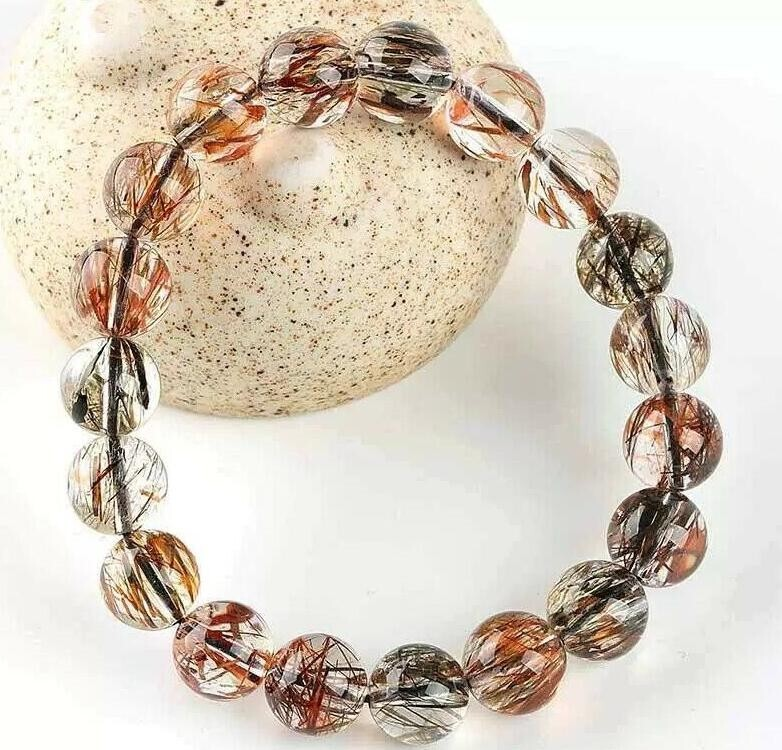 7-14mm Natural Black Gold Super Seven Rutilated Quartz Round Beads Bracelet AAAA