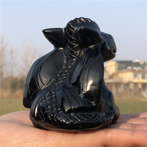 340g Natural Carved obsidian Toothless Figurines Reiki Quartz Crystal Skull Deco