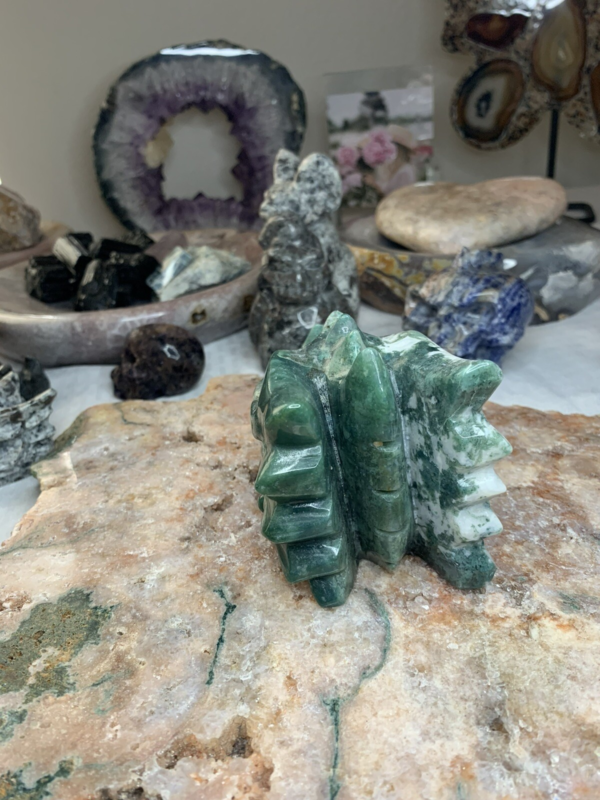 LARGE 5" - 5 1/2” 887g Green & White Moss Agate Dragon Head Crystal Skull!