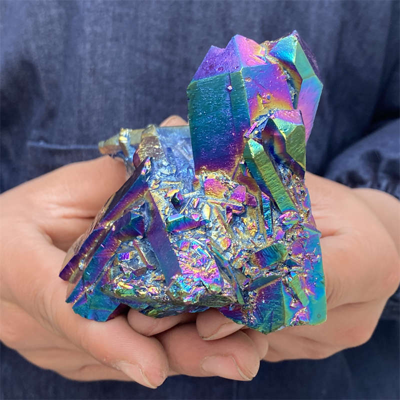 380g Electroplate Rainbow cluster quartz crystal mineral specimen reiki healing