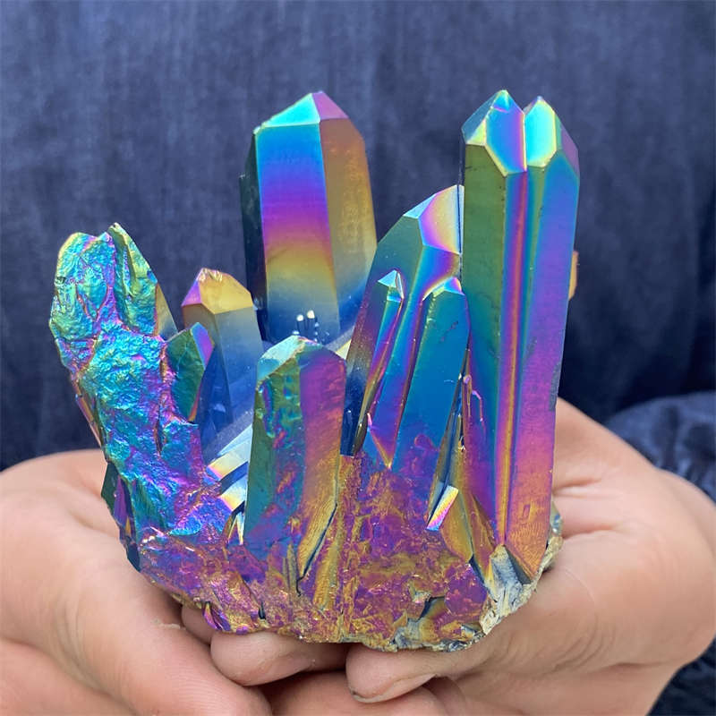 380g Electroplate Rainbow cluster quartz crystal mineral specimen reiki healing