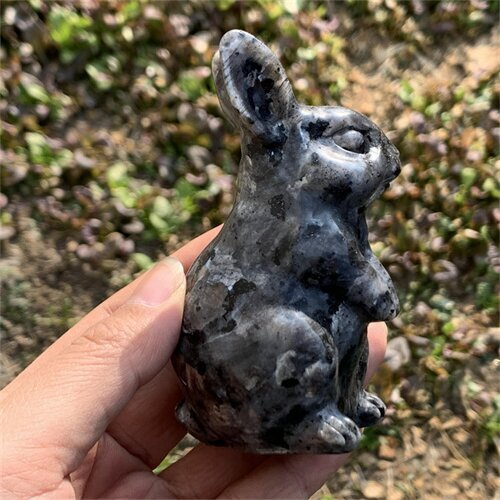 290g Natural Carved Spectrolite Rabbit Figurines Reiki Quartz Crystal Skull Deco