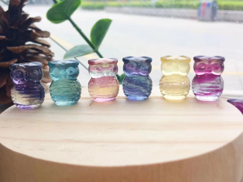 4Natural Fluorite Carved Mini Owl Skull Quartz Crystal Reiki Healing