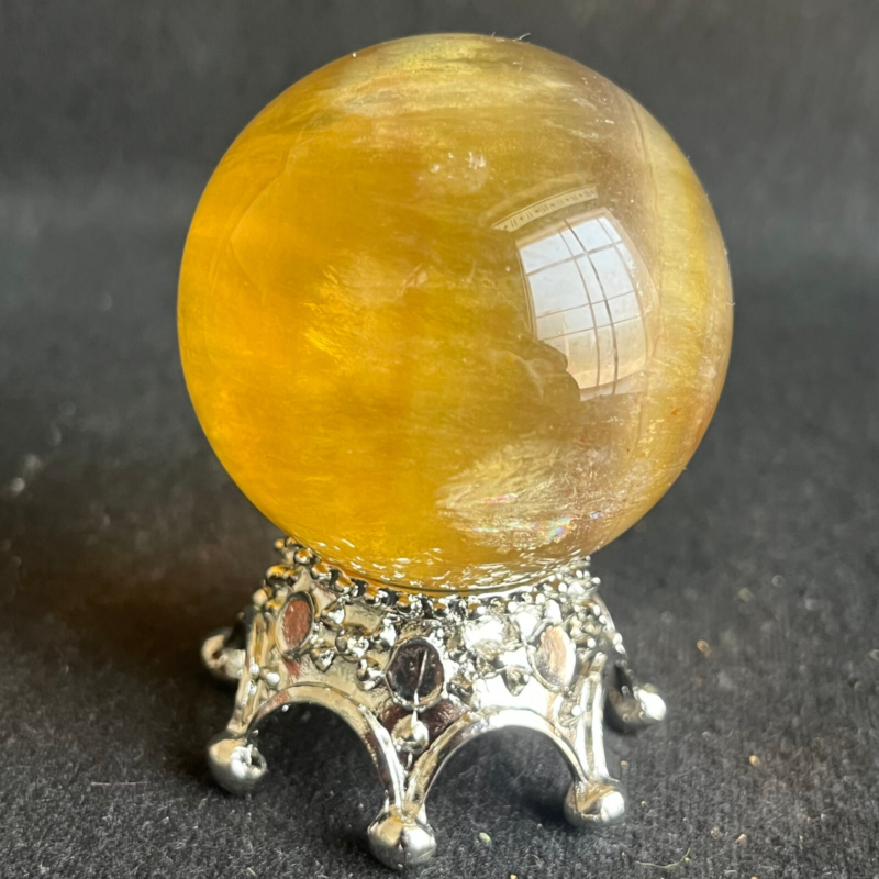 209G  Natural yellow fluorite quartz crystal ball sphere healing+stand