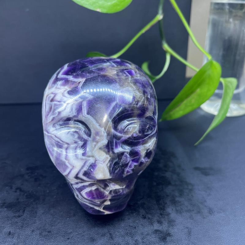 2.71LB Natural dream amethyst aliens Quartz Carved Crystal Skull Reiki Gem Decor
