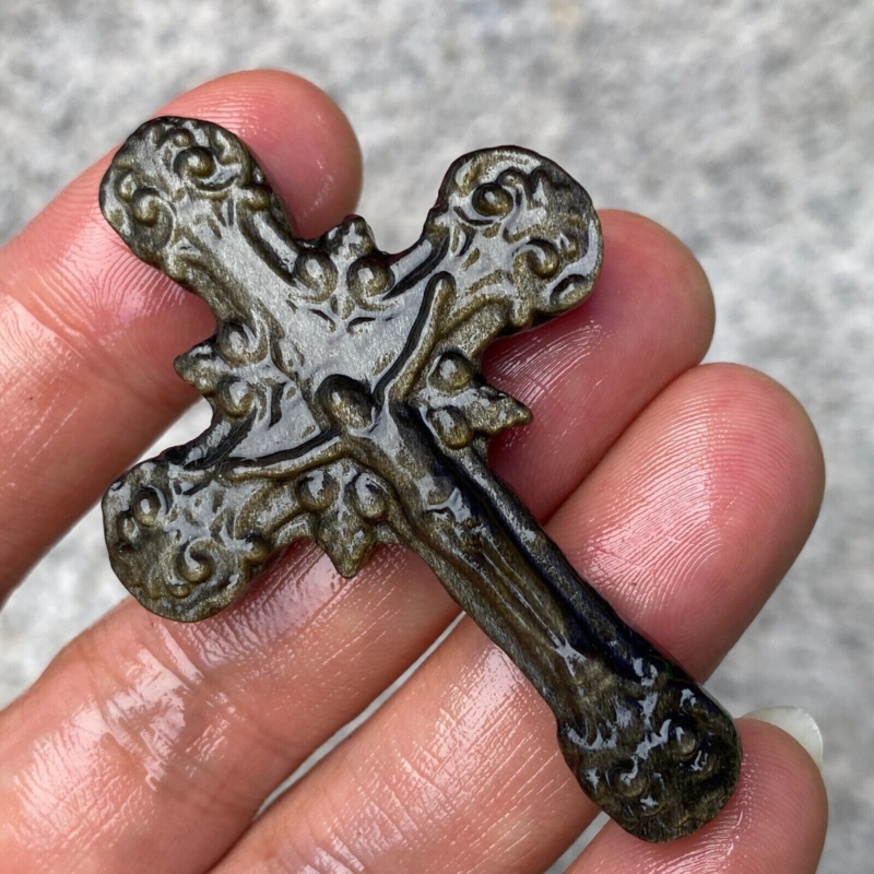 TOP Natural gold Obsidian Quartz cross crystal Hand Carved Healing 1PC