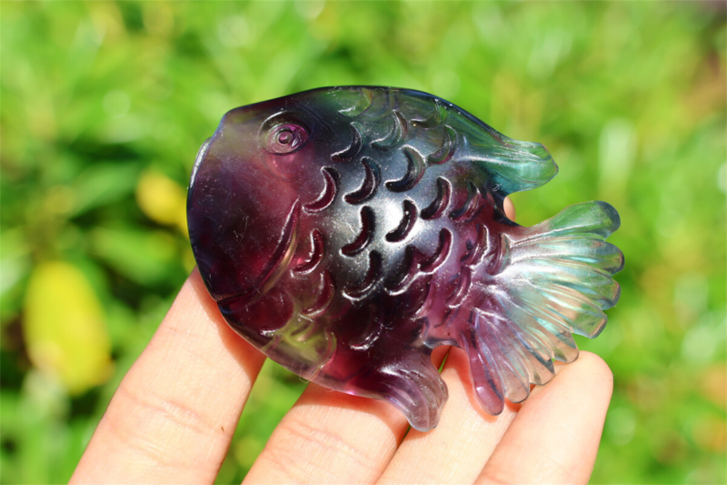 2.4+" Carved Natural Rainbow Fluorite Fish Reiki Crystal Skull Crystal Gifts 1PC