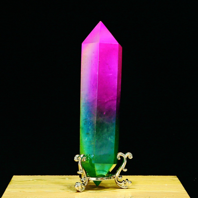 278g Natural Crystal Electroplated Rainbow Quartz Tower Double Wand Point Reiki