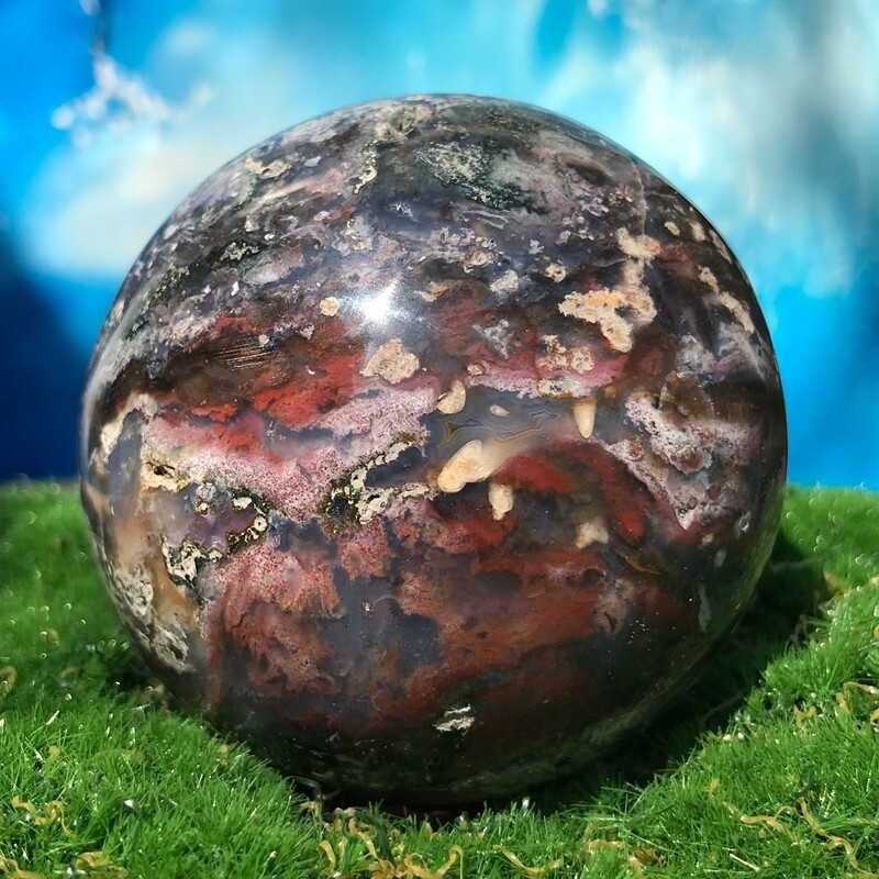 373GNatural Marine Jasper Quartz Ball Crystal Ball Mineral Specimen Restoration