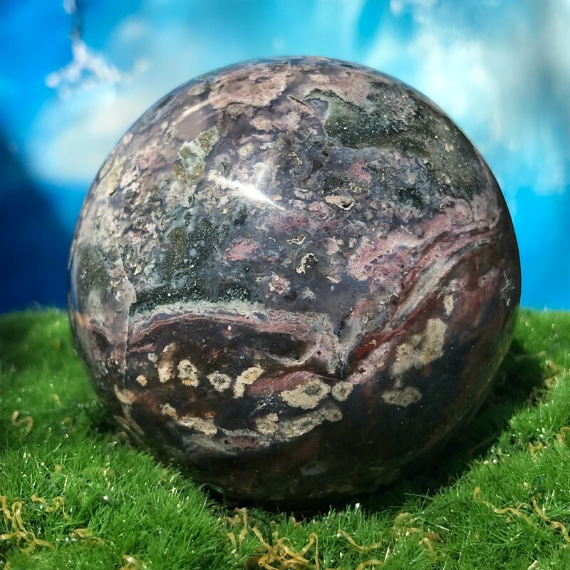 373GNatural Marine Jasper Quartz Ball Crystal Ball Mineral Specimen Restoration