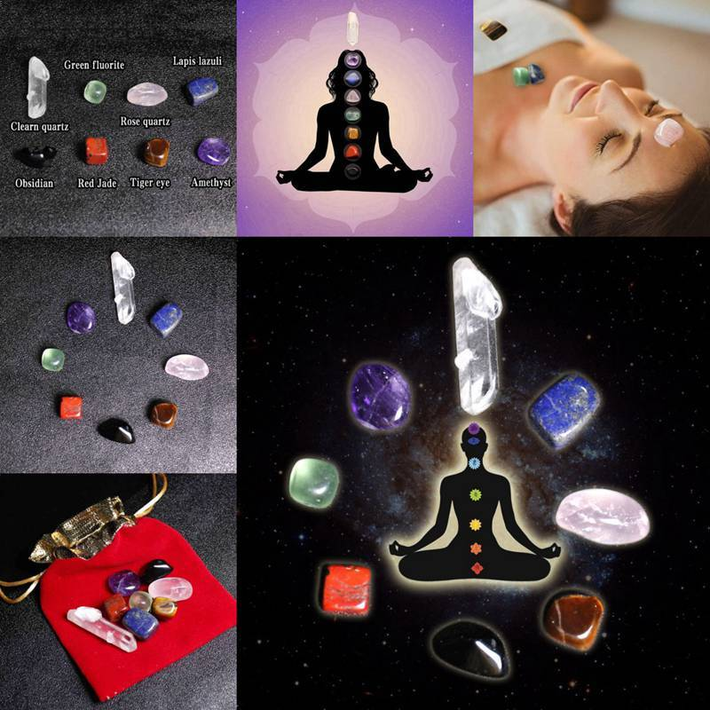 5Pcs 7 Chakra Healing Balance Crystal Raw Natural Quartz Tumbled Stones W/ Pouch