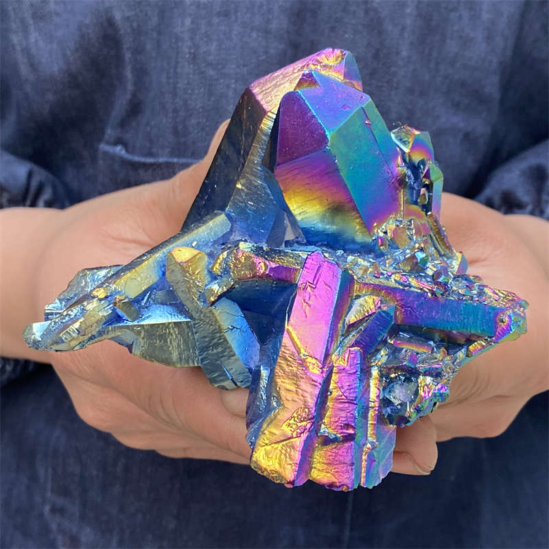 380g Electroplate Rainbow cluster quartz crystal mineral specimen reiki healing