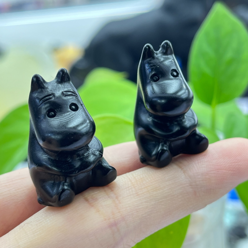 2pc Natural obsidian mini hippo carved quartz crystal animal skull reiki gift