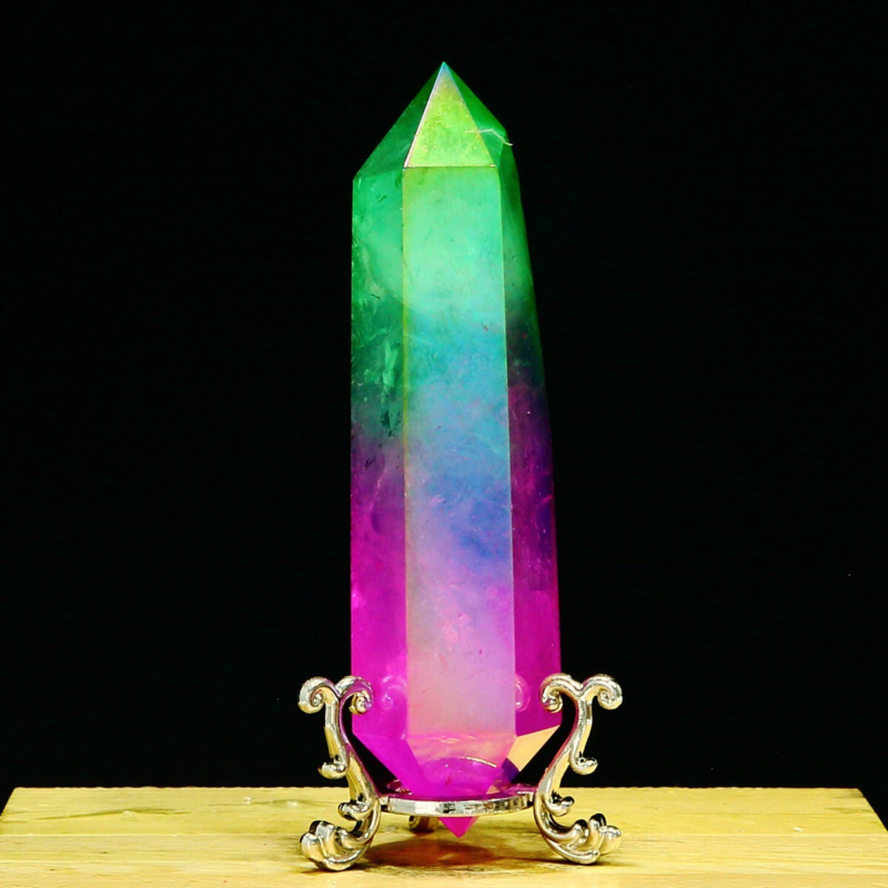 214g Natural Crystal Electroplated Rainbow Quartz Tower Double Wand Point Reiki