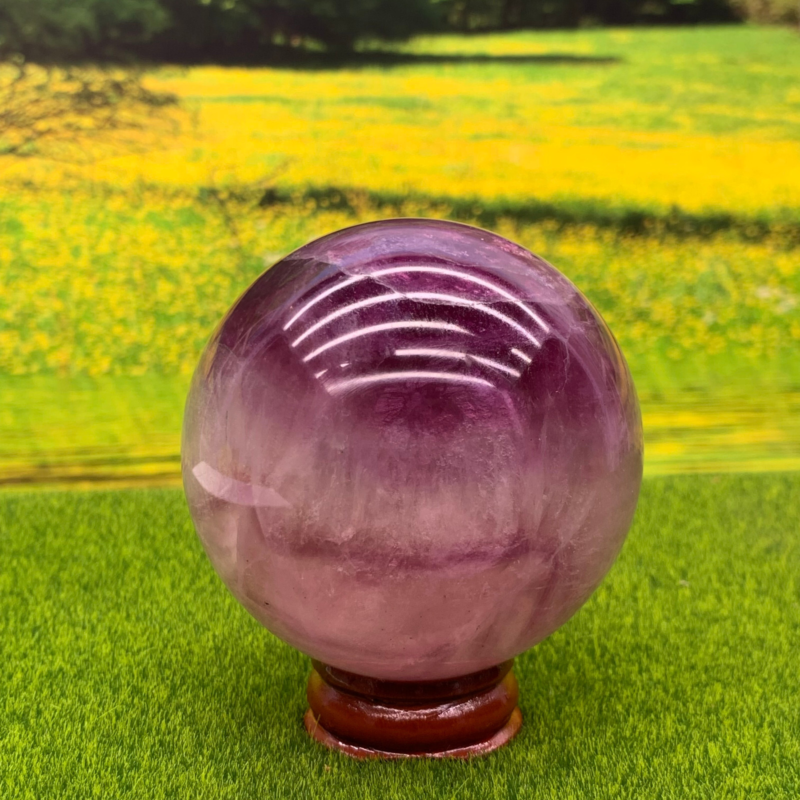 395G Natural Fluorite ball Colorful Quartz Crystal Gemstone Healing + Stand